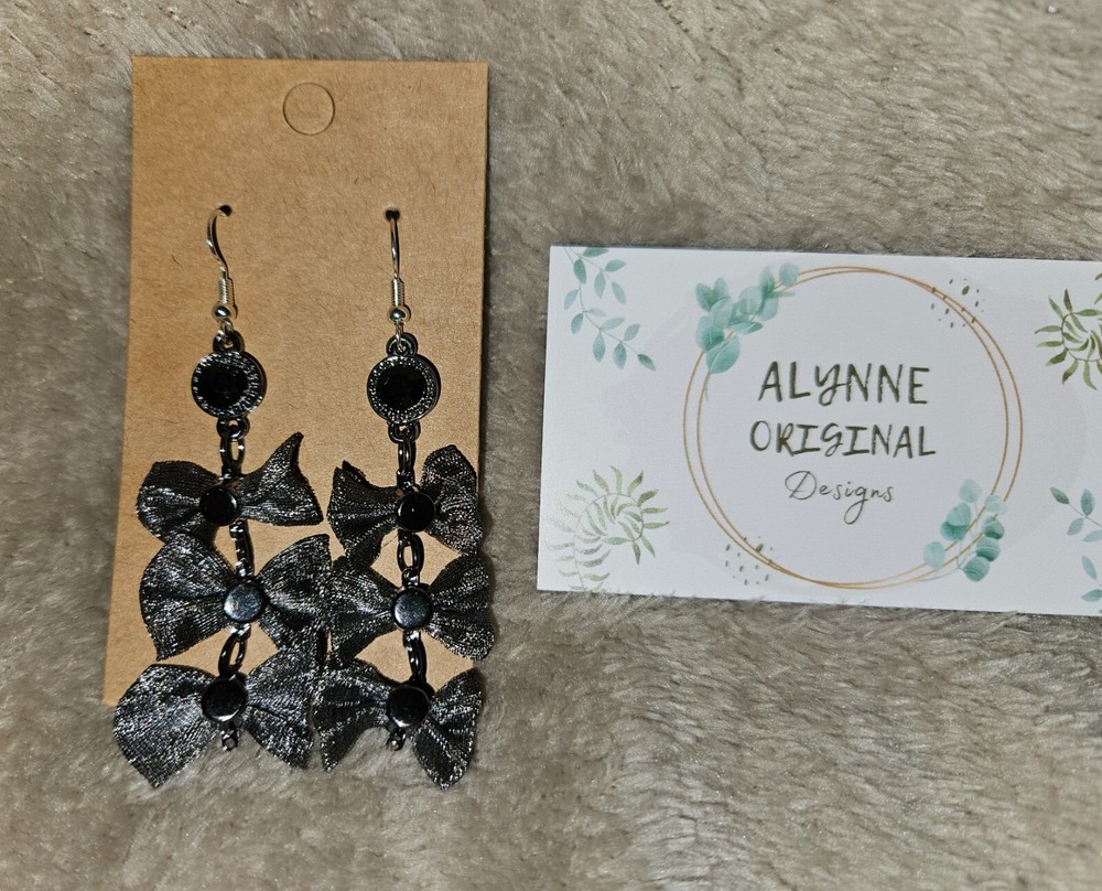 Handmade Triple Bow Black and Silver Dangling Earrings