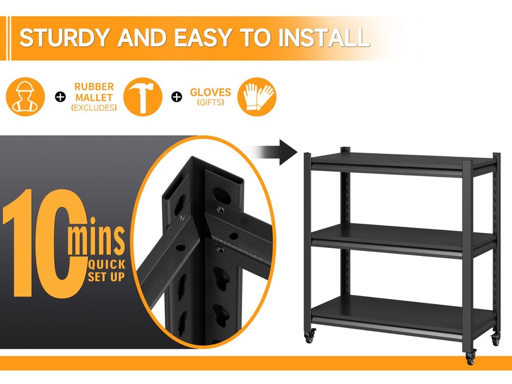 Rolling Storage Rack 3-Tier Shelving Tool Storage Shelving for Garage Kitchen