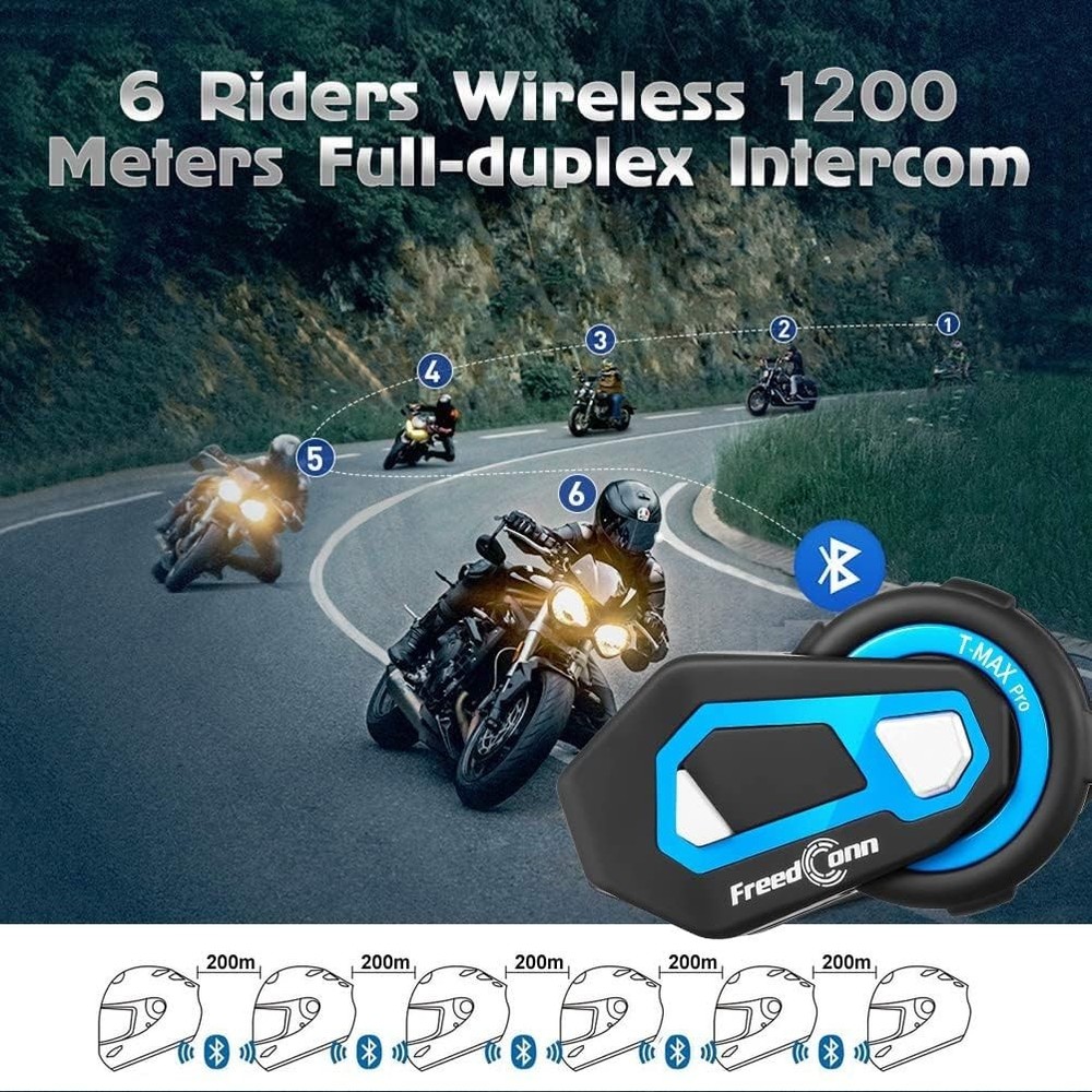T-Max Pro Motorcycle Bluetooth 5.0 Helmet Mesh 3.0 Intercom 1200m 6 Riders