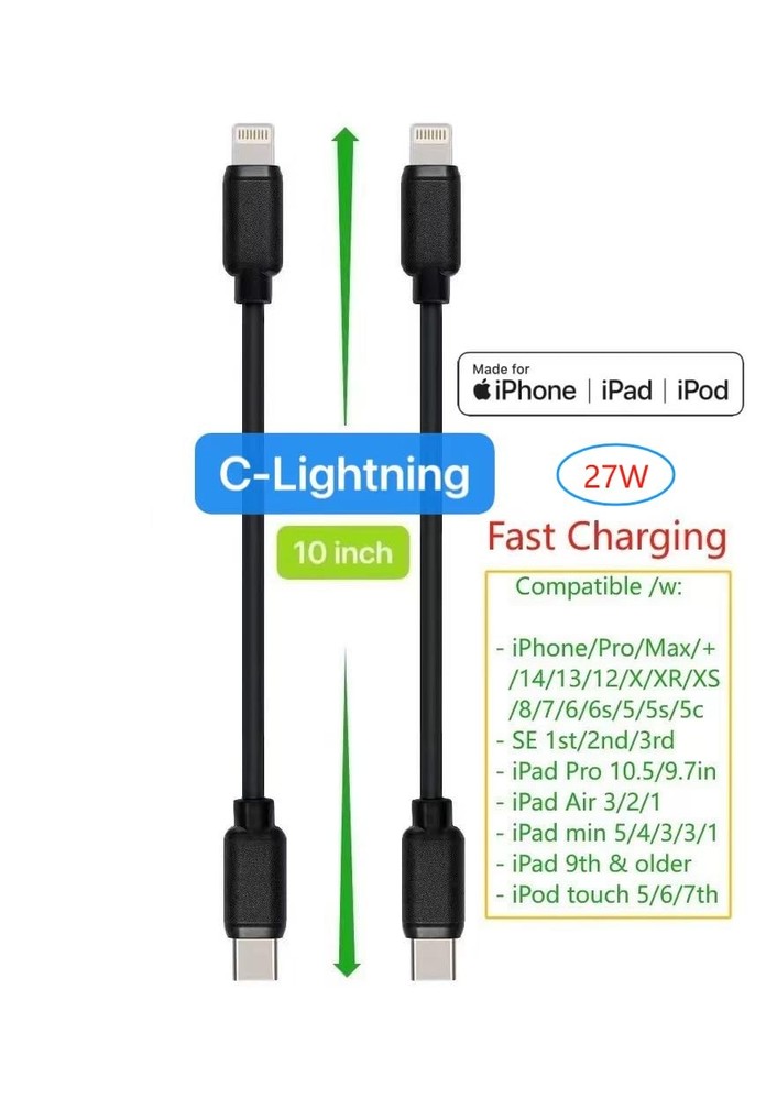 JuSoFU 10-Pack Multi Short USB Cables & TypeC-C for 10 inches, Black