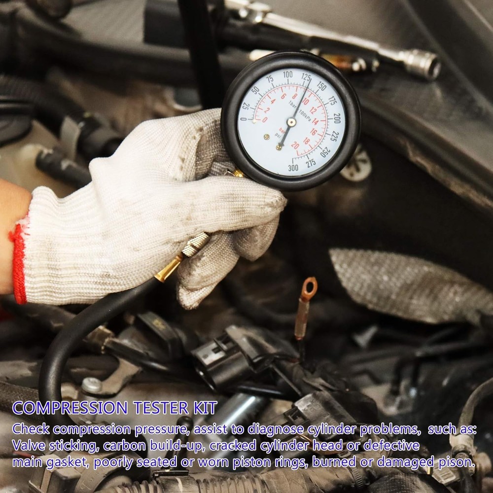 Precision Engine Compression Tester Kit with Flexible Hose & Adapters, 300 PSI