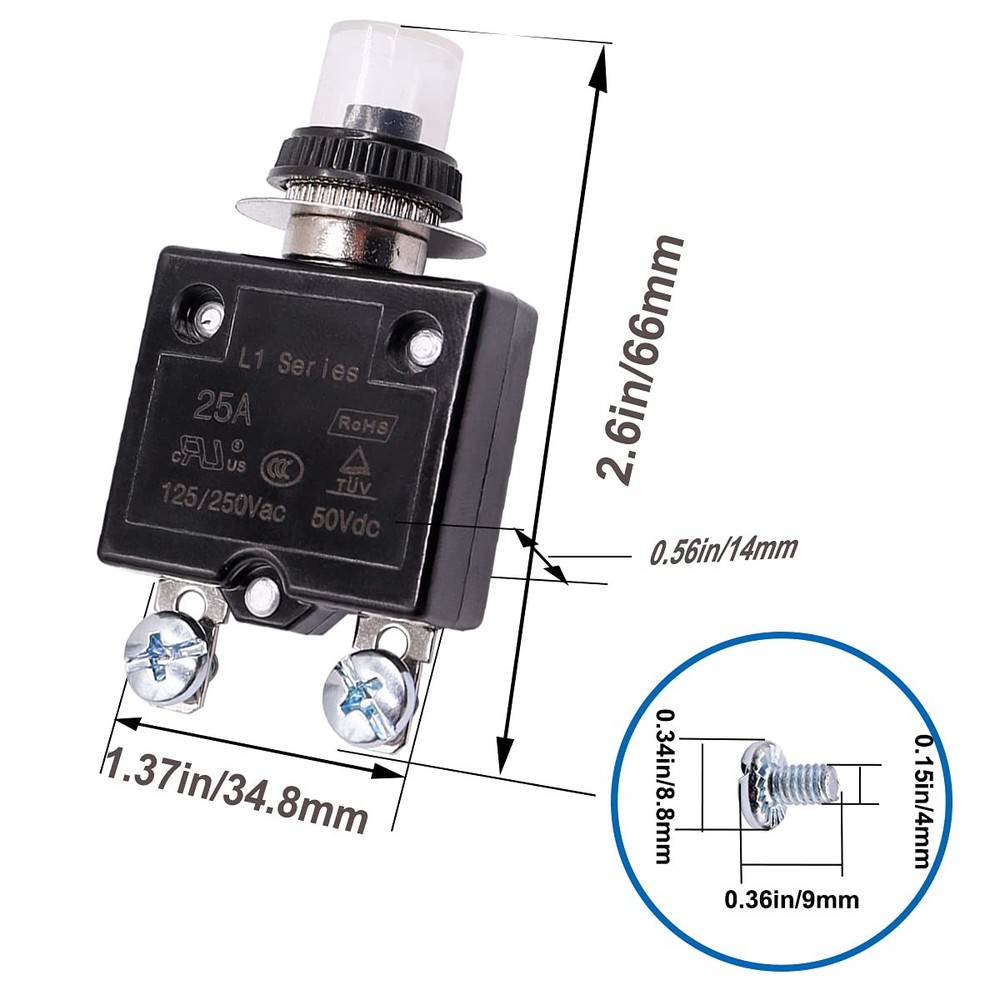 mxuteuk 2Pcs 20Amp Circuit Breakers Push Button Manual Reset 125/250V AC 20A
