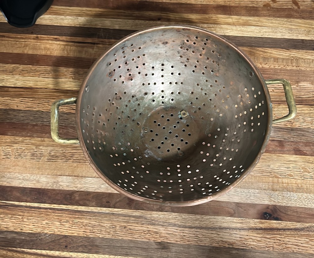 Copper Colander Strainer Brass Handles Pedestal Footed 9" Kitchen Decor