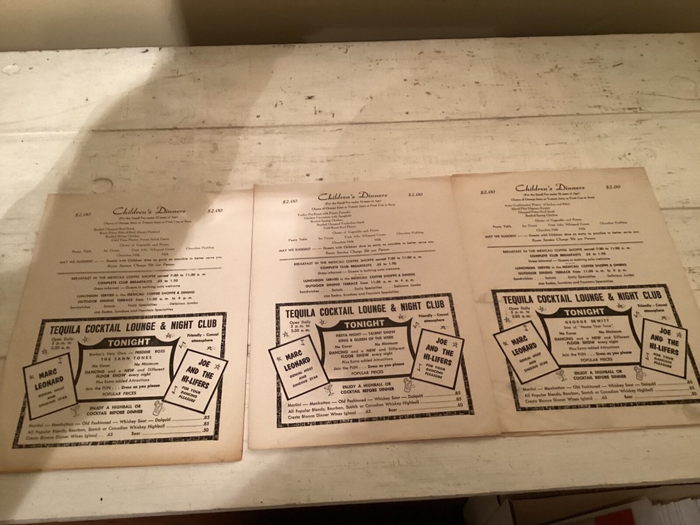 Three 1964 Dinner at the Aztec Restaurant Menus