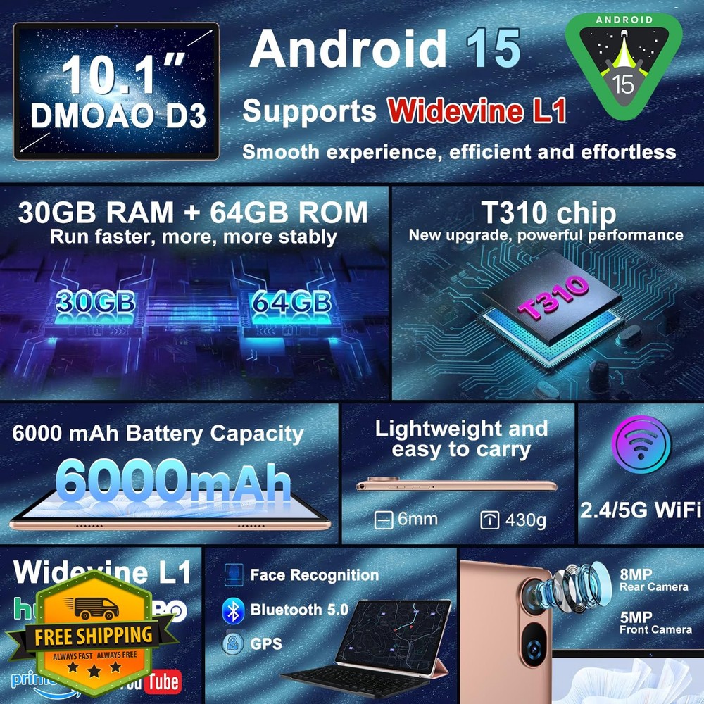 DMOAO 10.1" FHD Android 15 Tablet Gold Keyboard Mouse