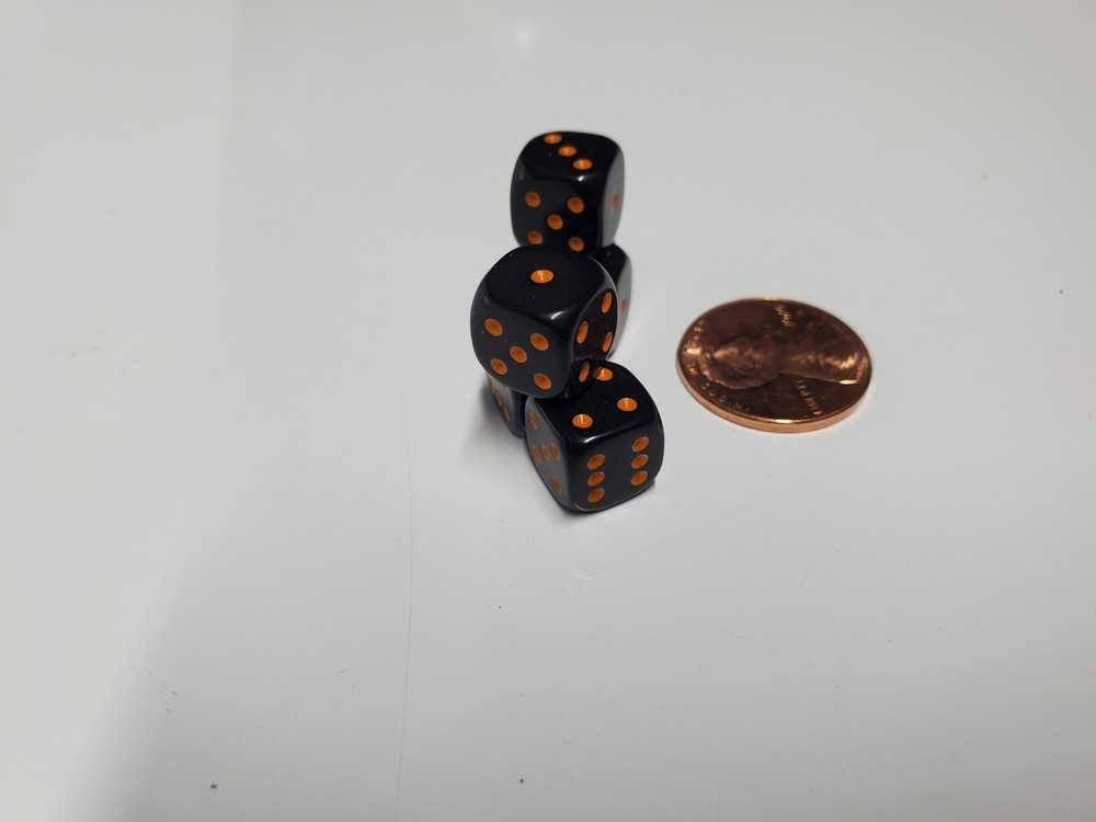 New Opaque Rounded Corner 3/8" Dice Black With Orange Pips