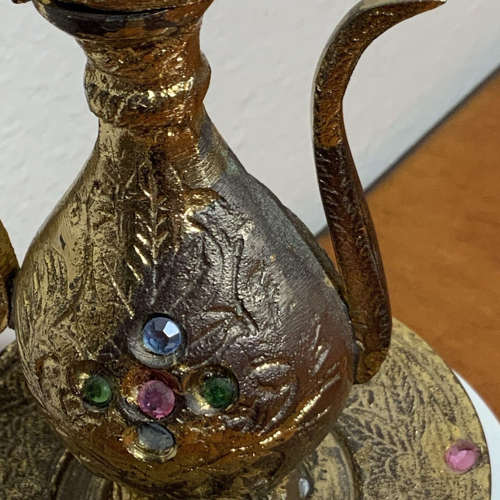 Vintage India Brass Mini Ewer Jeweled Saucer Broken Lid Middle Eastern Decor