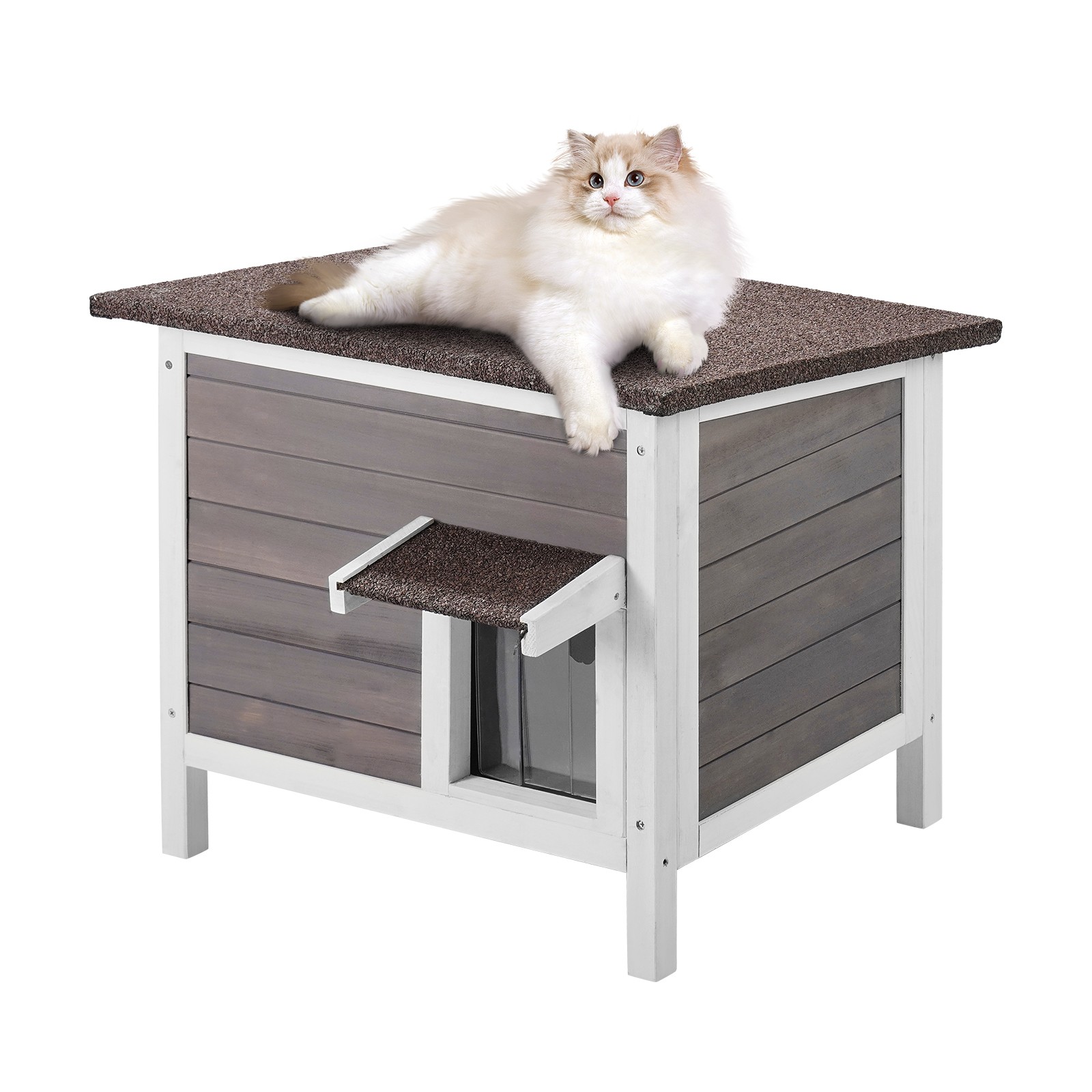 Outdoor Cat House Wooden Feral Cat Shelter with Roof & PVC Door Flaps