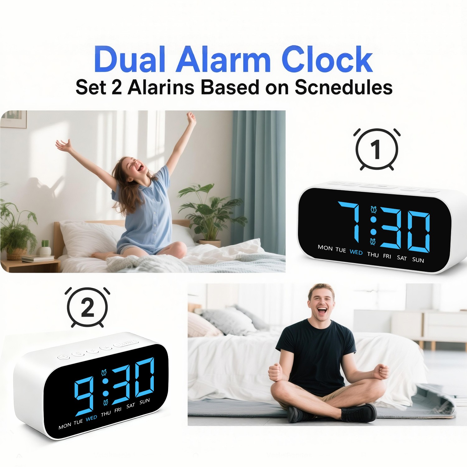Electric Digital Alarm Clock LED Large Display Battery Backup Snooze Dual Alarm