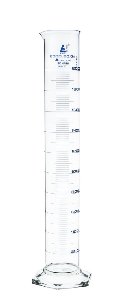 Eisco Labs 2000ml Graduated Cylinder, Class A, Blue Graduations, Hexagonal Base