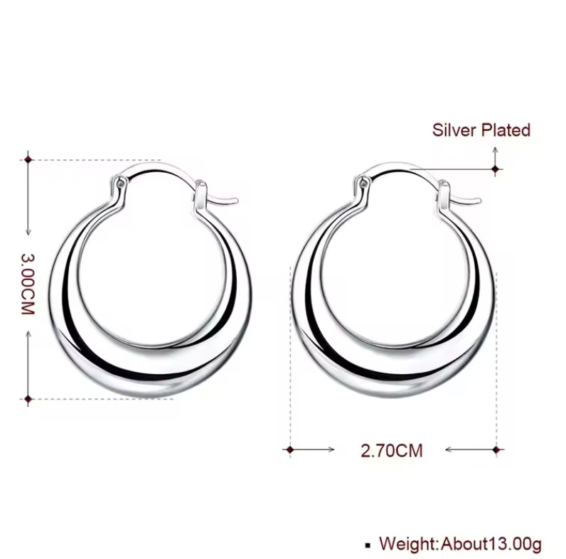 Womens 925 Sterling Solid Silver Elegant Round Pierced Hoop Earrings