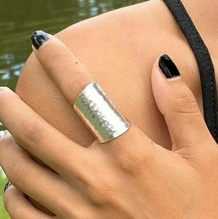 Solid 925 Sterling Silver Long Hammered Band Ring & Handmade Ring All Size R-148
