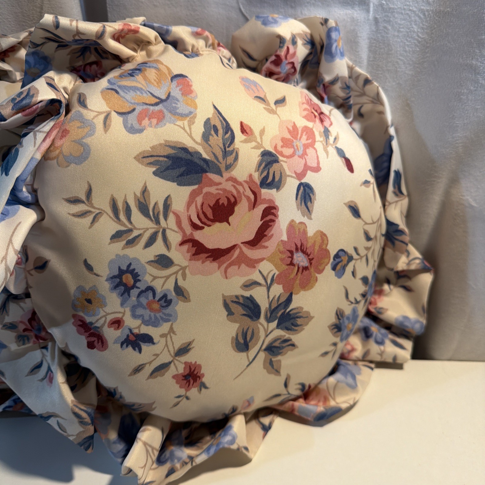 Pair Of Vintage Round Pillows Cream With Garden Rose Print Ruffle Circle Pillow
