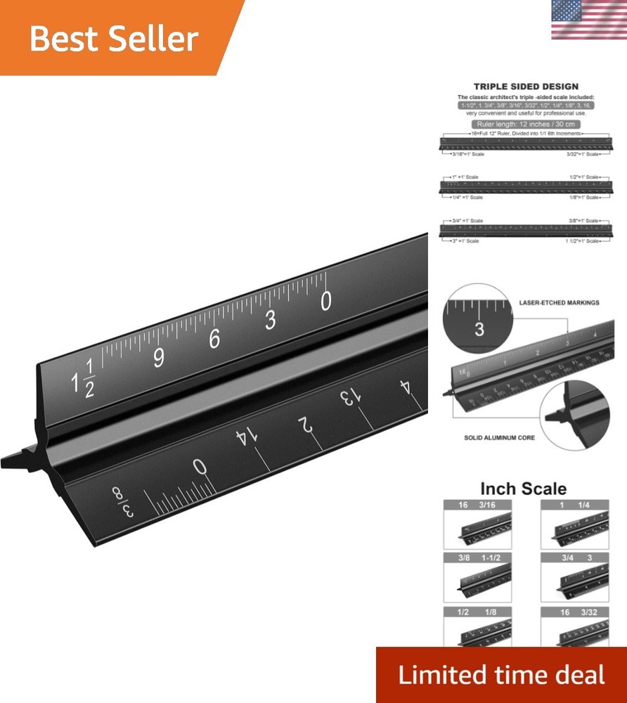 Professional 12" Triangular Architectural Ruler - Durable Aluminium Construction