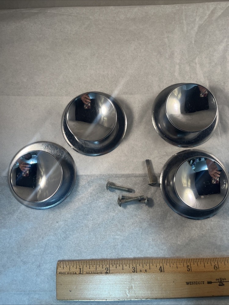 4 Vintage 1960s AJAX Shiny Chrome Beveled Concave 2" Round Knobs & Back Plates
