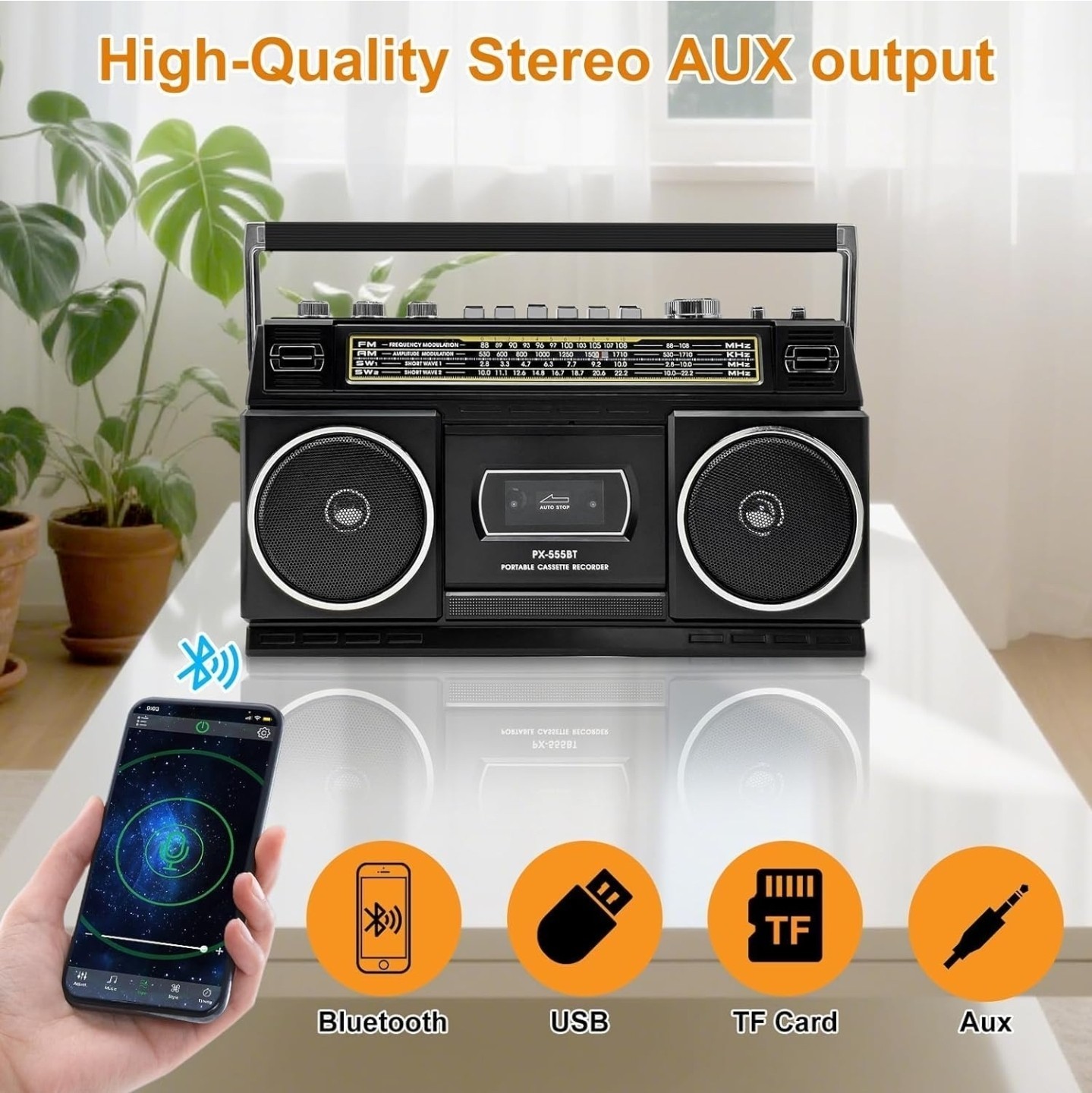 Cassette Player Boombox with Bluetooth, AM/FM/SW Radio & Record to USB, 24W Ster