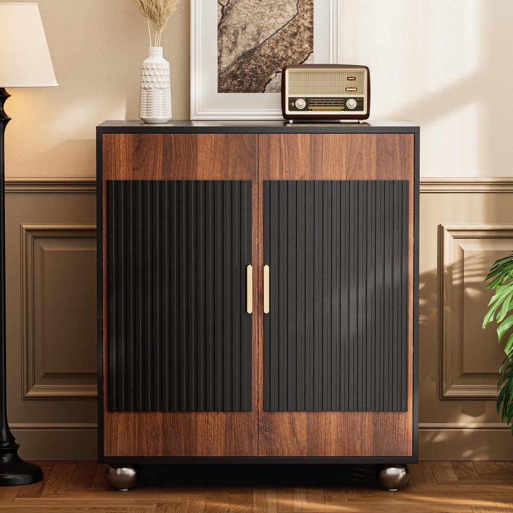 Fluted Sideboard Cabinet with Storage Solid Wood Buffet Corner Cabinet Walnut