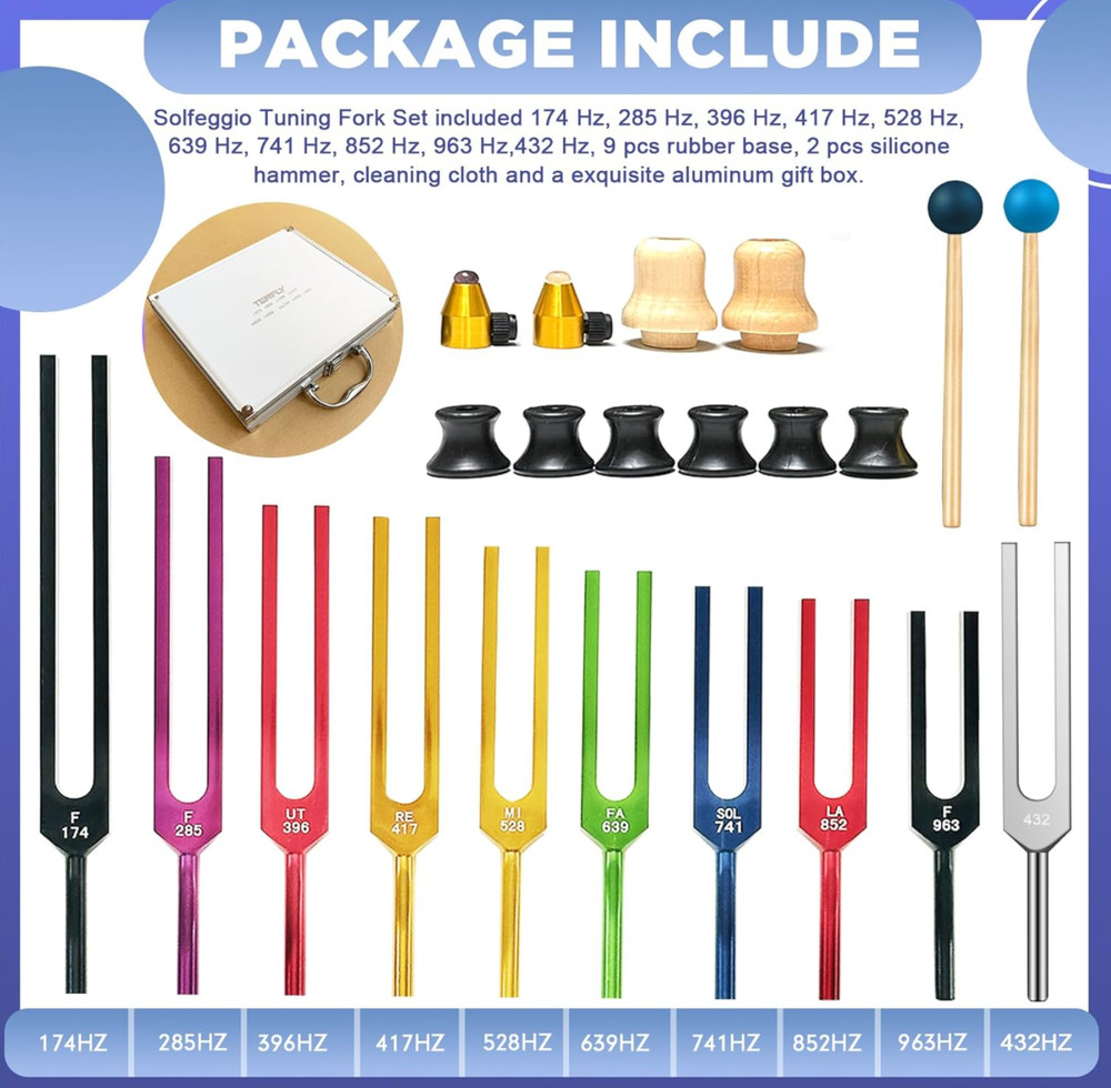 TENFLY Solfeggio Tuning Fork Set - 10 Multicolour Tuning Forks Perfect for DN...