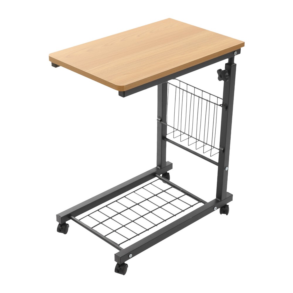 2 Tiers Adjustable Bed Side Table Teak Color Mobile Standalone Table w/ Wheels
