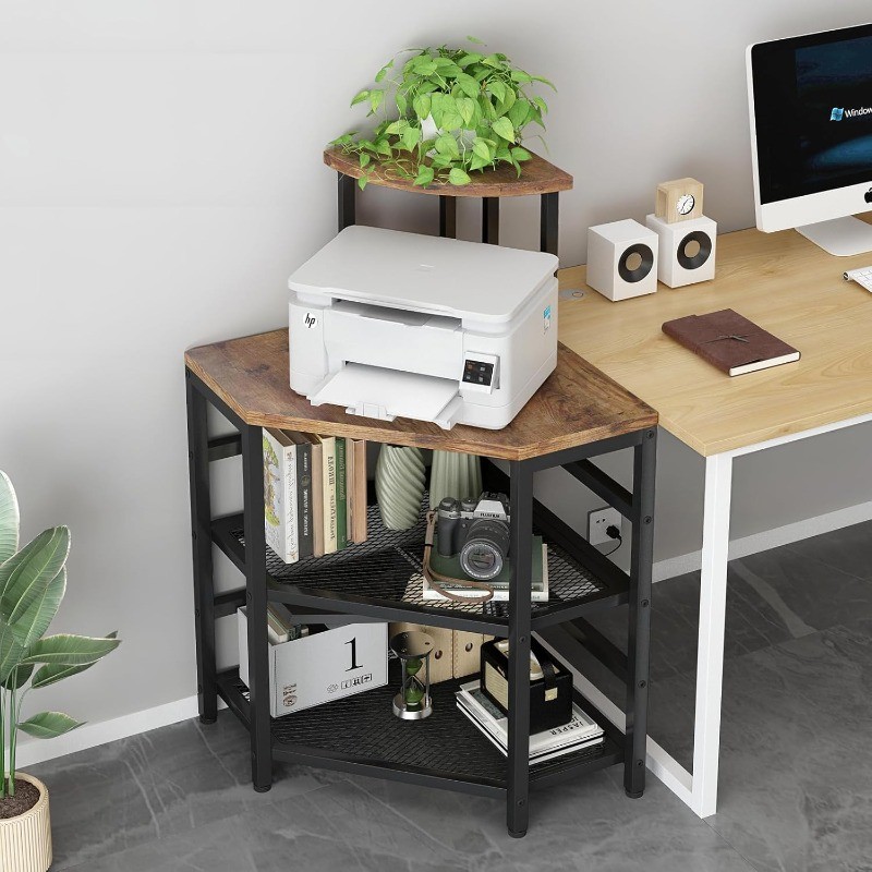 Corner Printer Stand Table, with Power Outlet and USB Charging & LED Lights