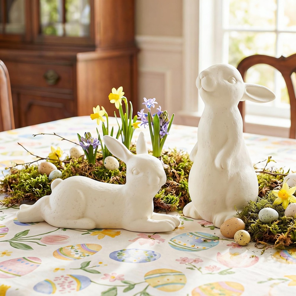 2 Pcs Easter Terracotta Bunny Figurines Decorations Rustic Rabbit Standing Bu...