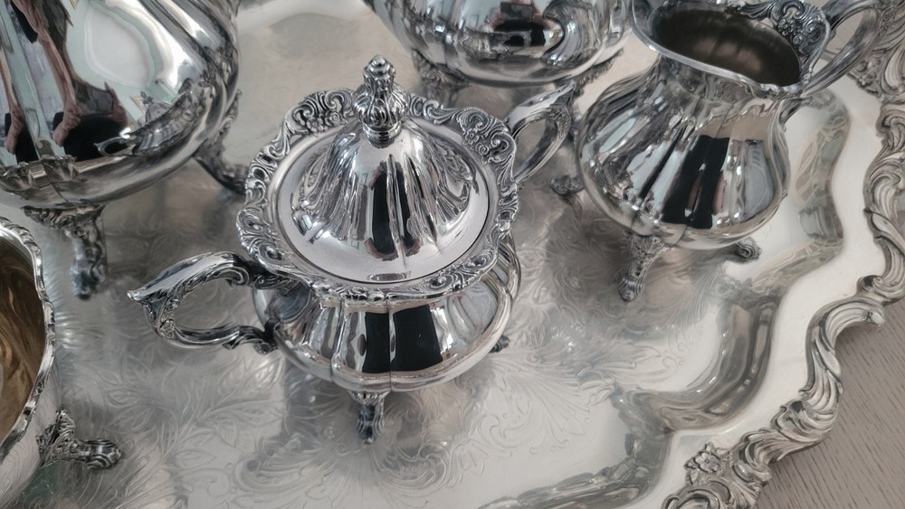 Rose Point 1200, by Wallace Silver Coffee/Teapot Silverplate Complete Set - 6 Pc