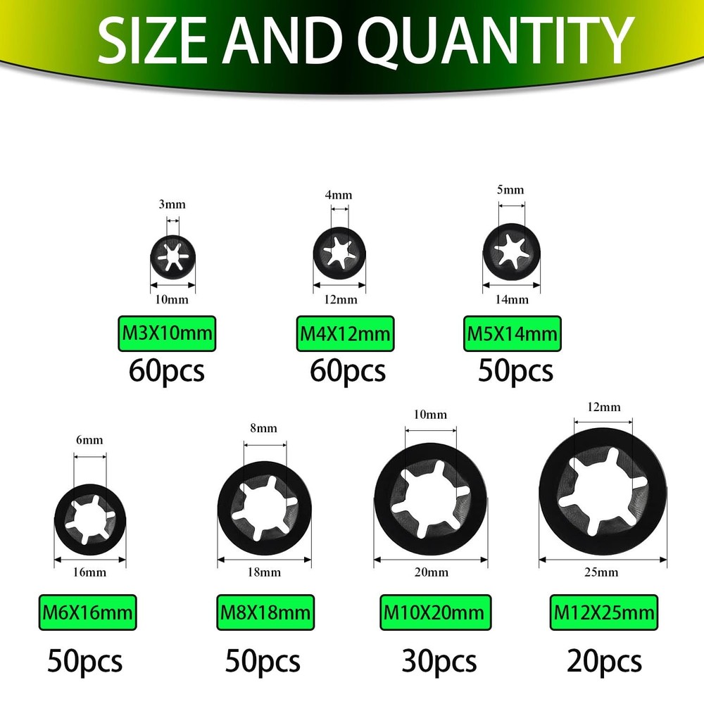 320 Pieces 7 Sizes Push Nuts Assortment,Internal Tooth Star Lock Washers,Quick