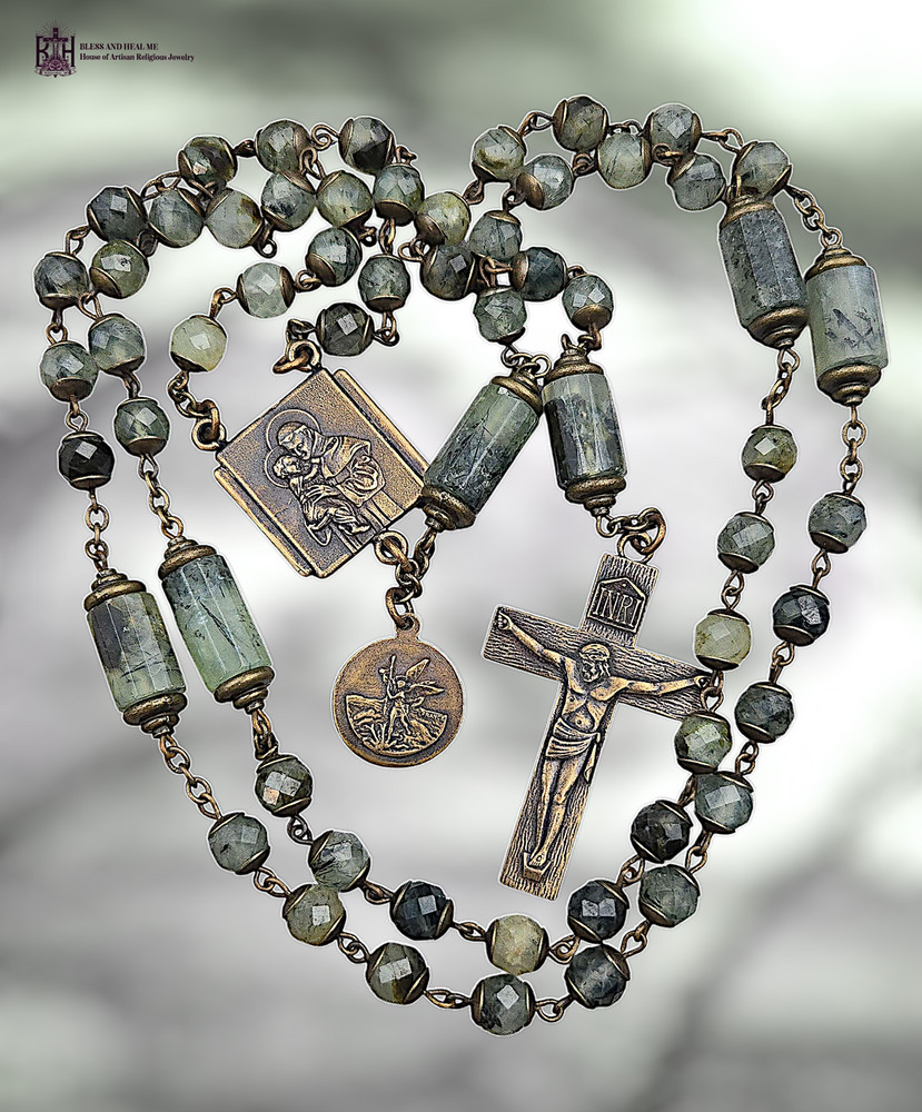 St Anthony, Joseph & Archangel Michael Heirloom Rosary |Heritage Bronze|Prehnite