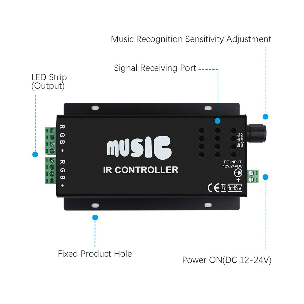 RGB 4-PIN LED Controller, DC12-24V LED Light Strips Controller, 24-Keys IR Wi...