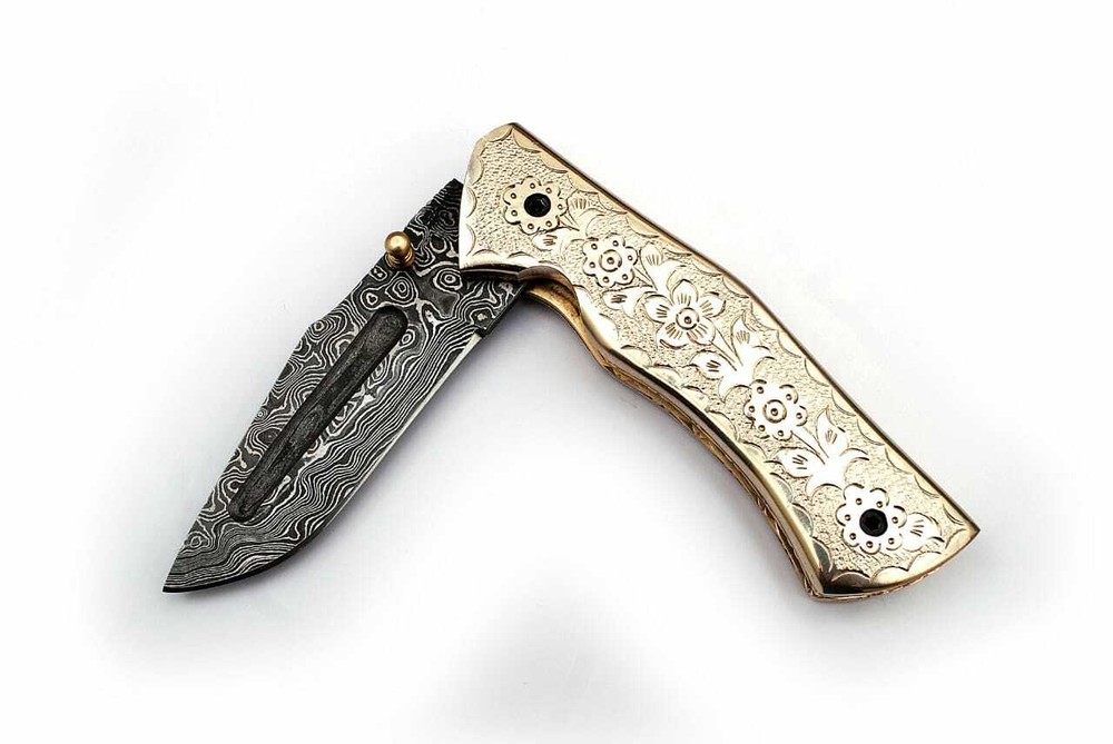 White Copper Executive Series Damascus Folding Knife Brass & Copper File work