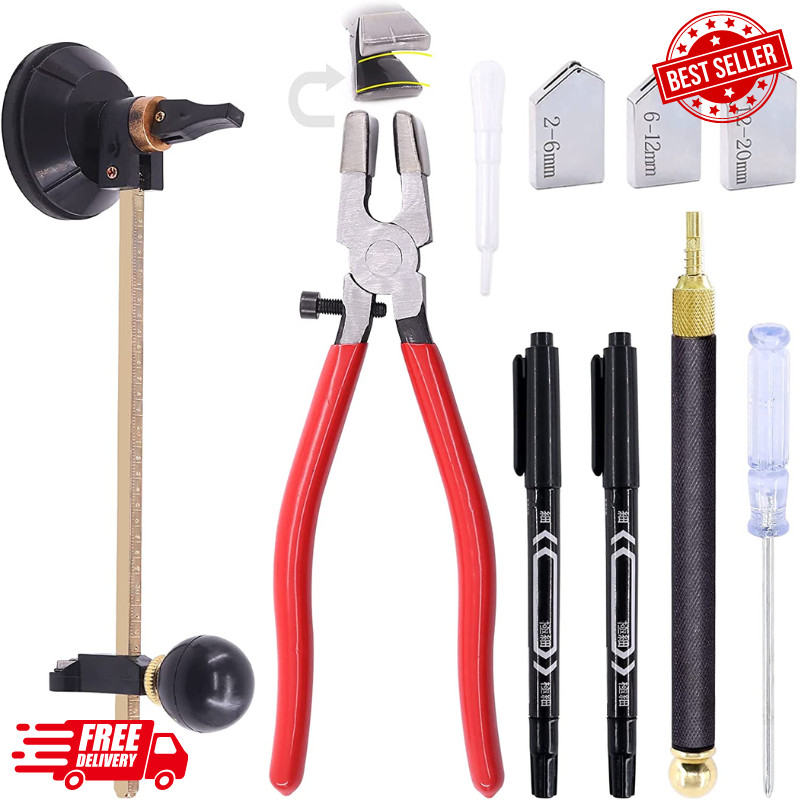 9 Pcs Glass Cutting Tool Set Kit Includes Adjustable Circular Glass Cutter,