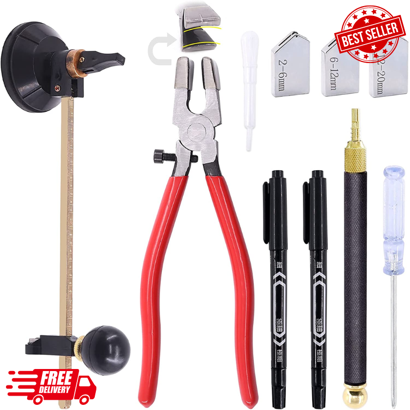 9 Pcs Glass Cutting Tool Set Kit Includes Adjustable Circular Glass Cutter,