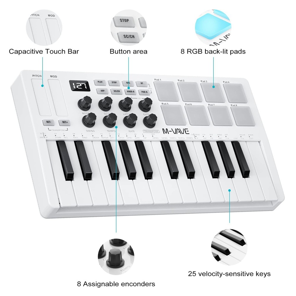 M-WAVE 25 Key USB MIDI Keyboard Controller With 8 Backlit Drum Pads, Bluetoot...