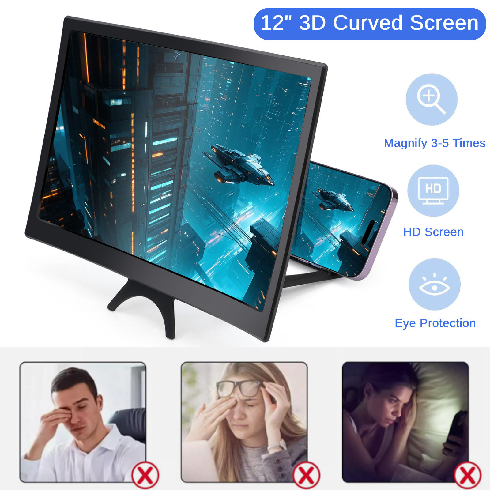 12" Curved Screen Mobile Phone Amplifier Eye Protection 3D Screen Magnifier