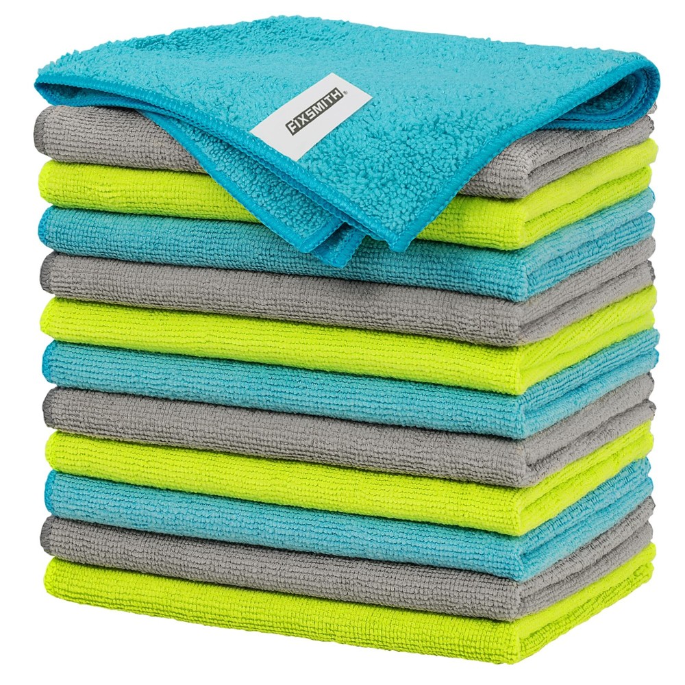 FIXSMITH Microfiber Cleaning Cloth - Pack of 12, 3 Colors Assorted