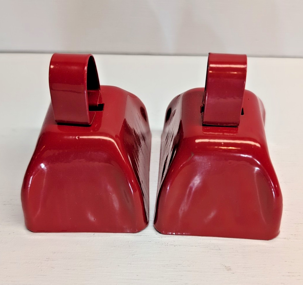 RARE! TWO (2) BEEF - IT'S WHAT'S FOR DINNER - RED METAL COWBELL COW BELL CATTLE