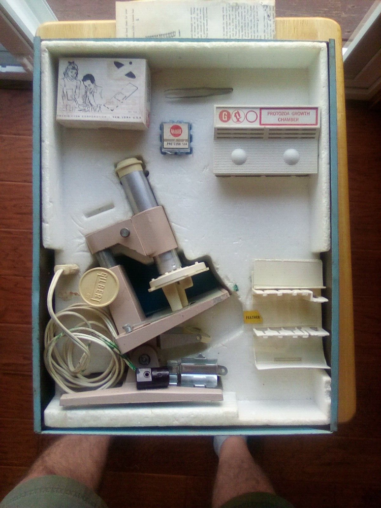 Vintage Gilbert Microscope and Lab Set Metal Box 1960's with extra slides+++
