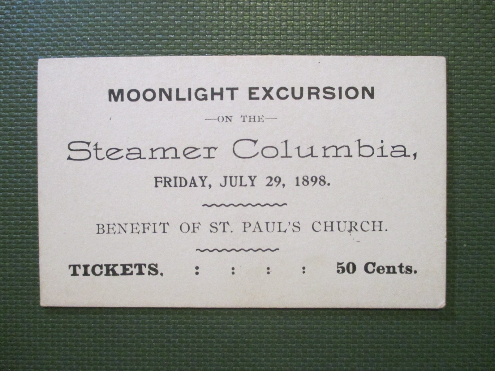 ORIGINAL 1898 TICKET STEAMER COLUMBIA MOONLIGHT EXCURSION JEFFERSONVILLE INDIANA