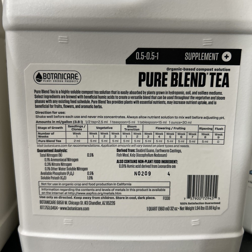 Botanicare PURE BLEND TEA Organic-Based Compost Solution 1-Quart / 32 Ounce NEW