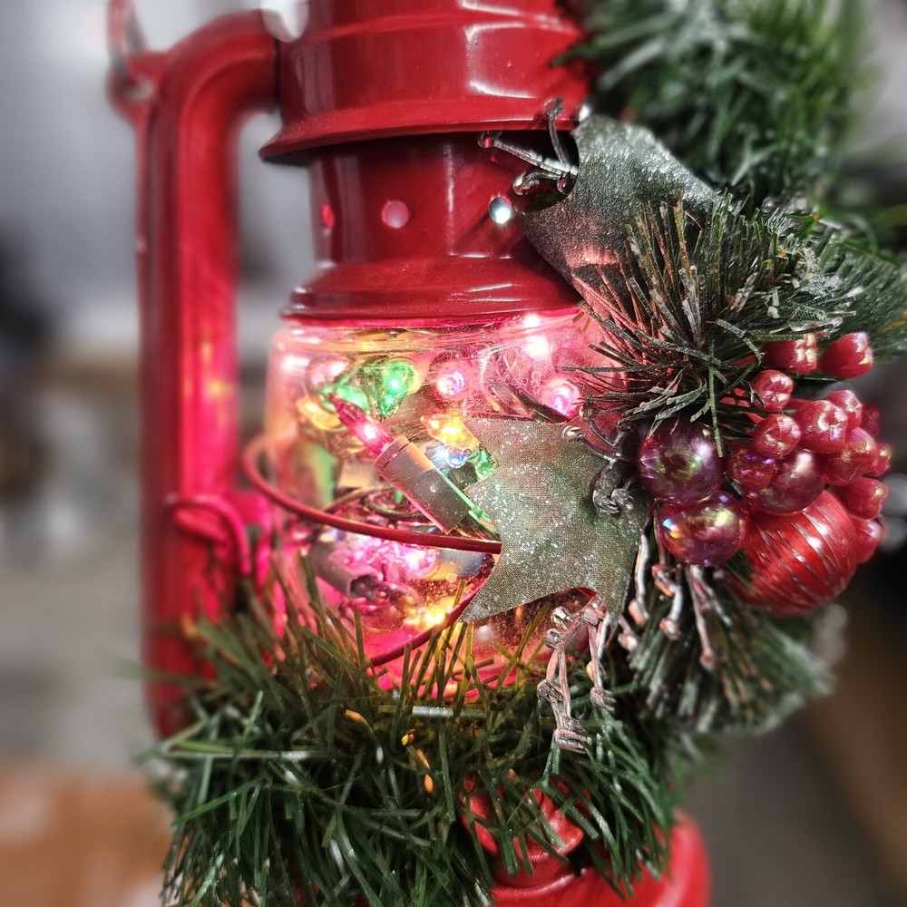 Christmas Decoratiom- Red Handled "Kerosene Lantern" W/ Multi- Colored Lights