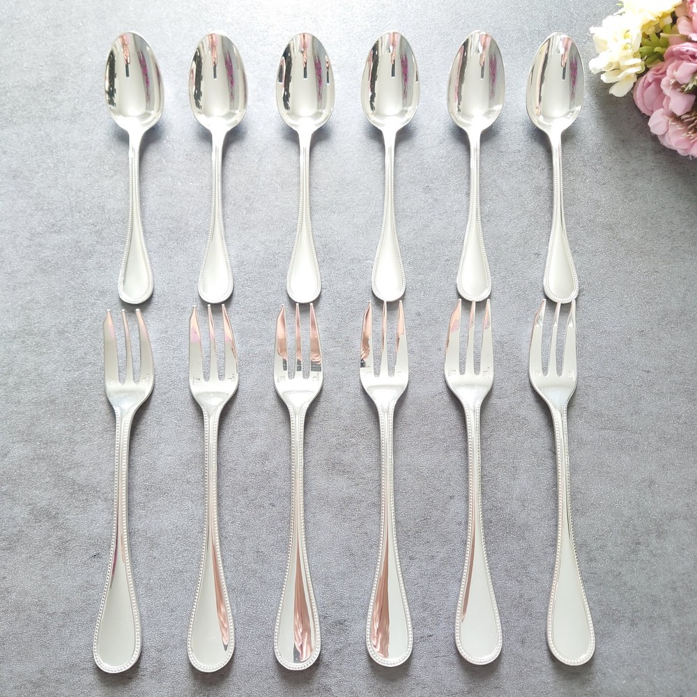 Christofle Perles 12pcs Silverplate Flatware Cake Fork Coffee Spoon Excellent