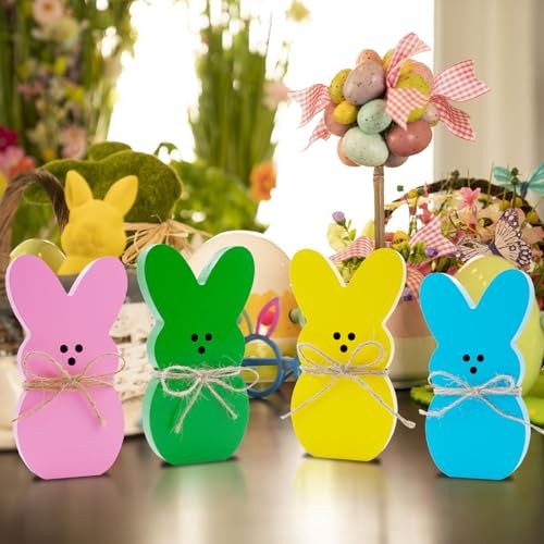 Easter Decorations 4PCS Easter Wooden Bunny Table Pink/Yellow/Blue/Green