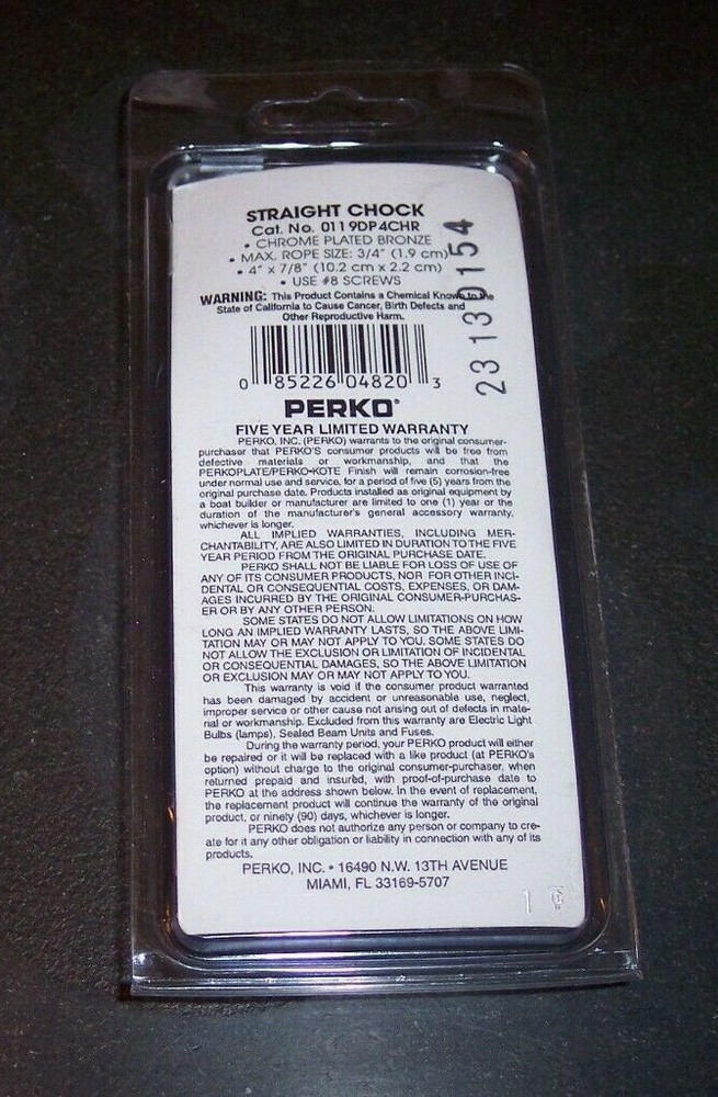 Perko 0119-DP4-CHR 4" Straight Chock Chrome Plated Bronze