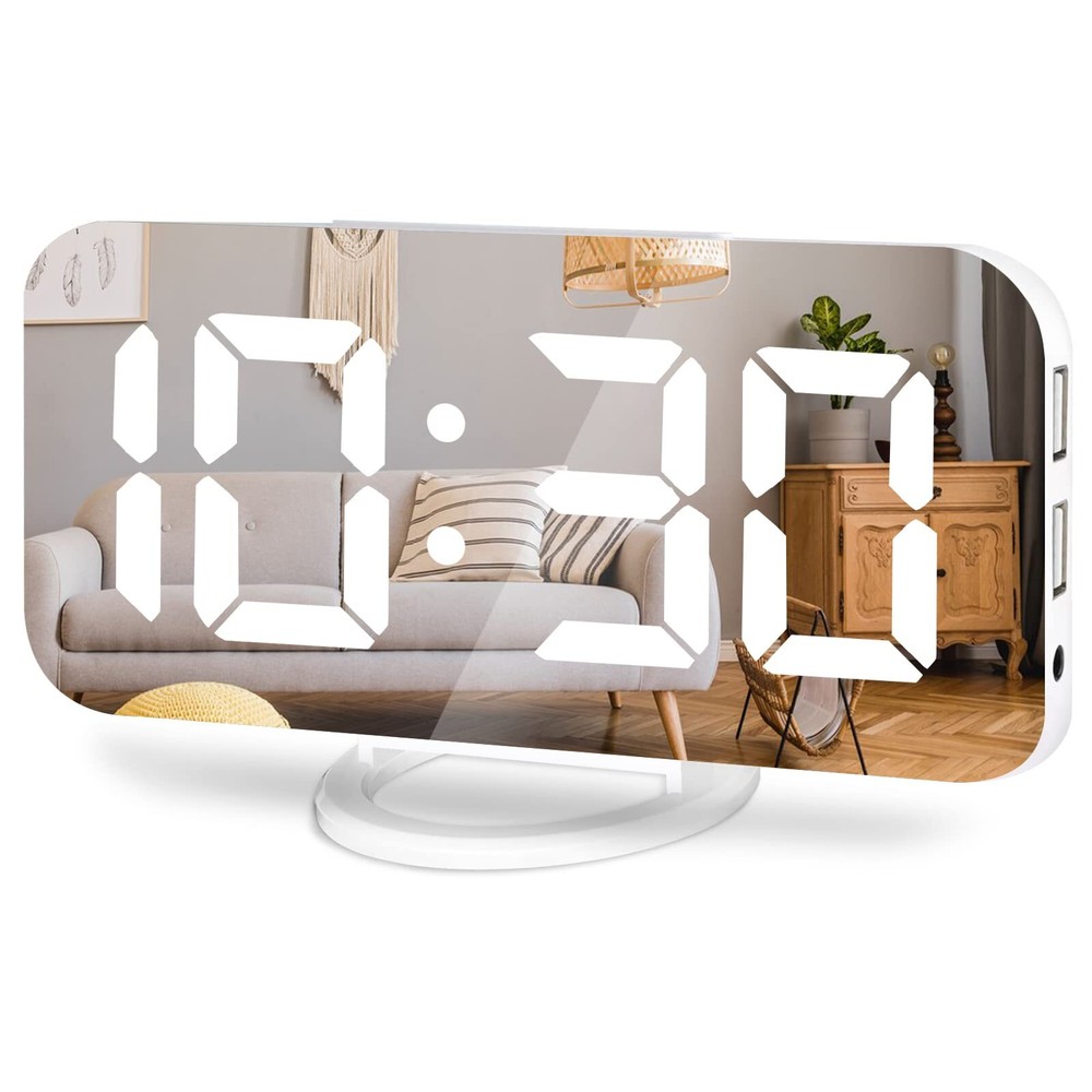 Digital Alarm Clock Large LED Mirror Display 2 USB Charging Ports，Auto Dim Mo...
