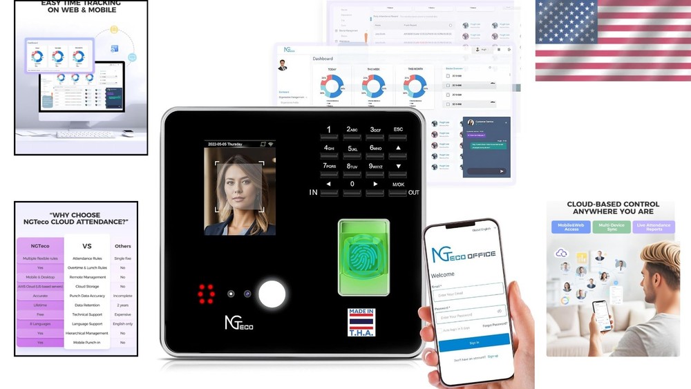 All-in-One TC1 Time Clock: Cloud Solution with RFID, Face & Fingerprint Access