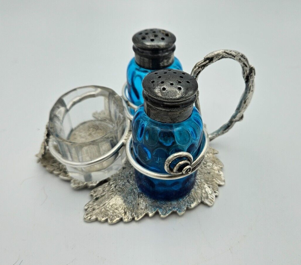 Antique sterling silver Hand-Made Stand w/Salt & Pepper Shakers & Salt Cellar