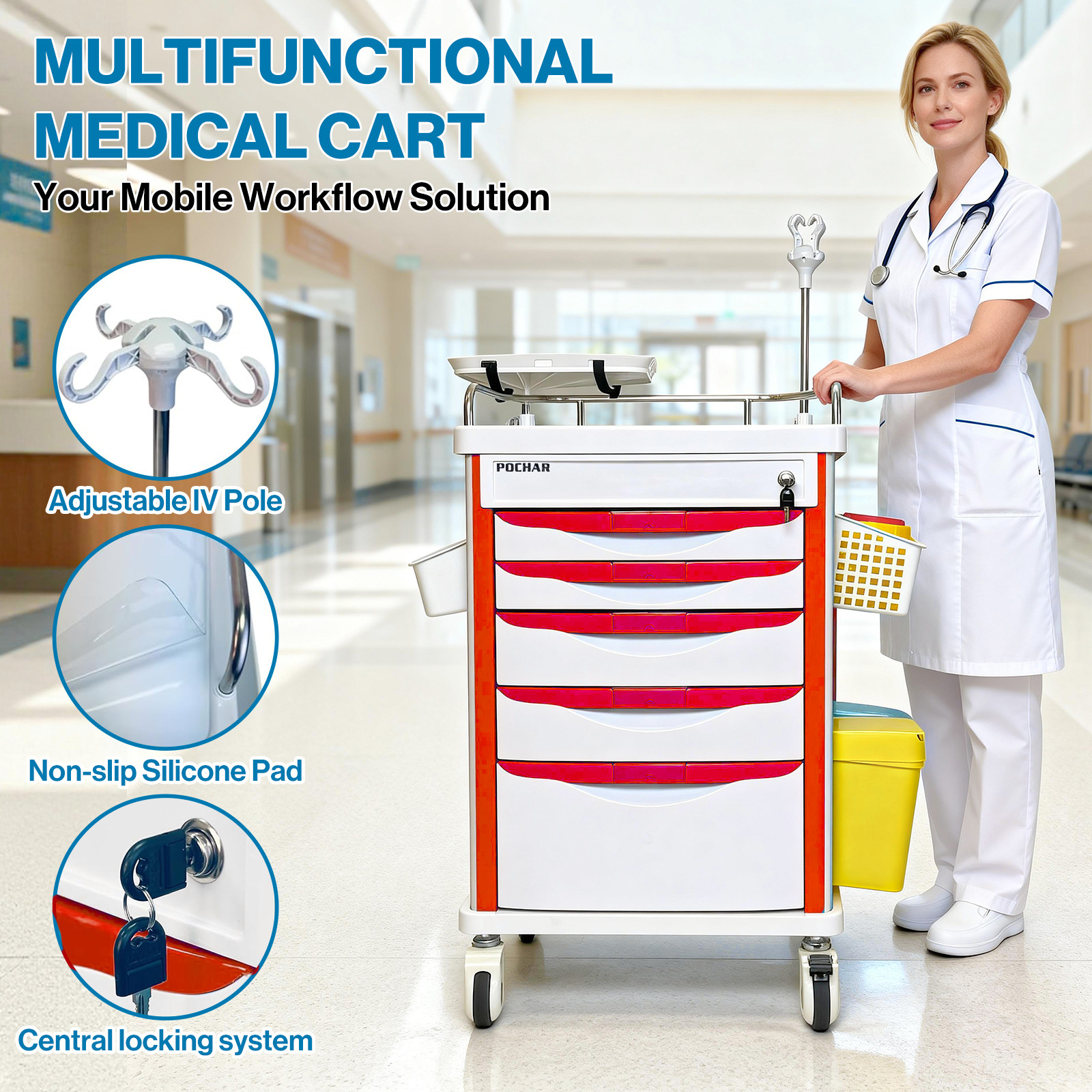 Medical Crash Cart with Emergency Accessory, Mobile Emergency Cart for Hospitals