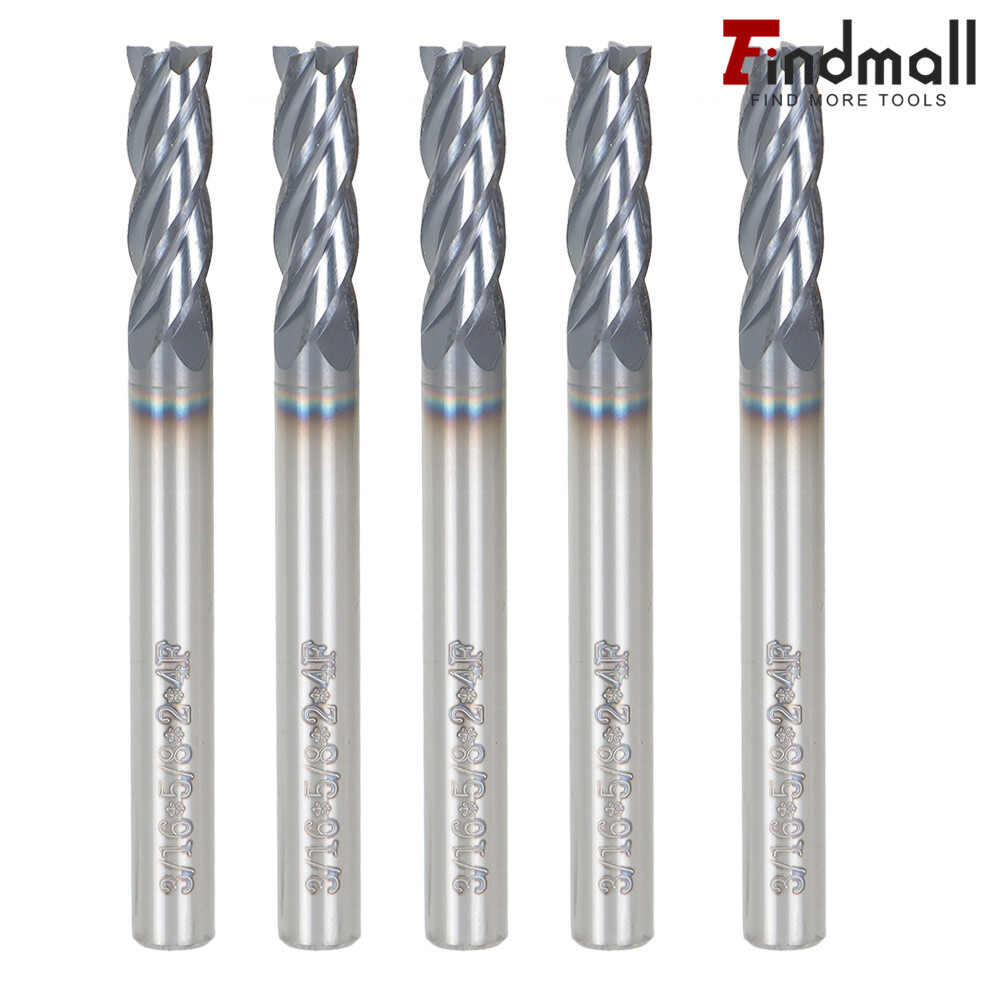 Findmall 5 PCS 3/16" SHANK DIAMETER 4 FLUTE CARBIDE END MILL - TiALN COATED