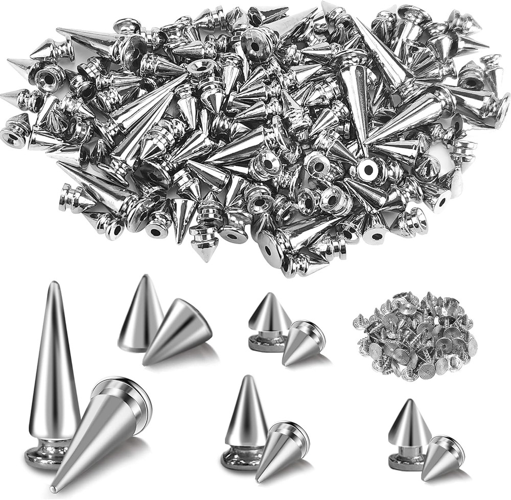 150 Sets ABS Plastic Punk Cone Spikes Studs Multiple Sizes Silver Screw Back Spi