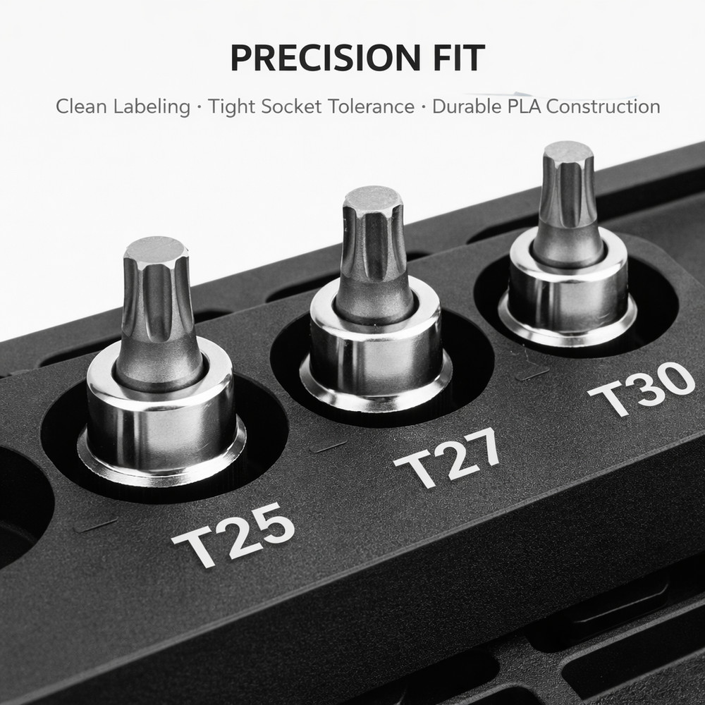 Gridfinity 3/8" Torx Bit Socket Holder T10–T45 1x4 Rail Organizer